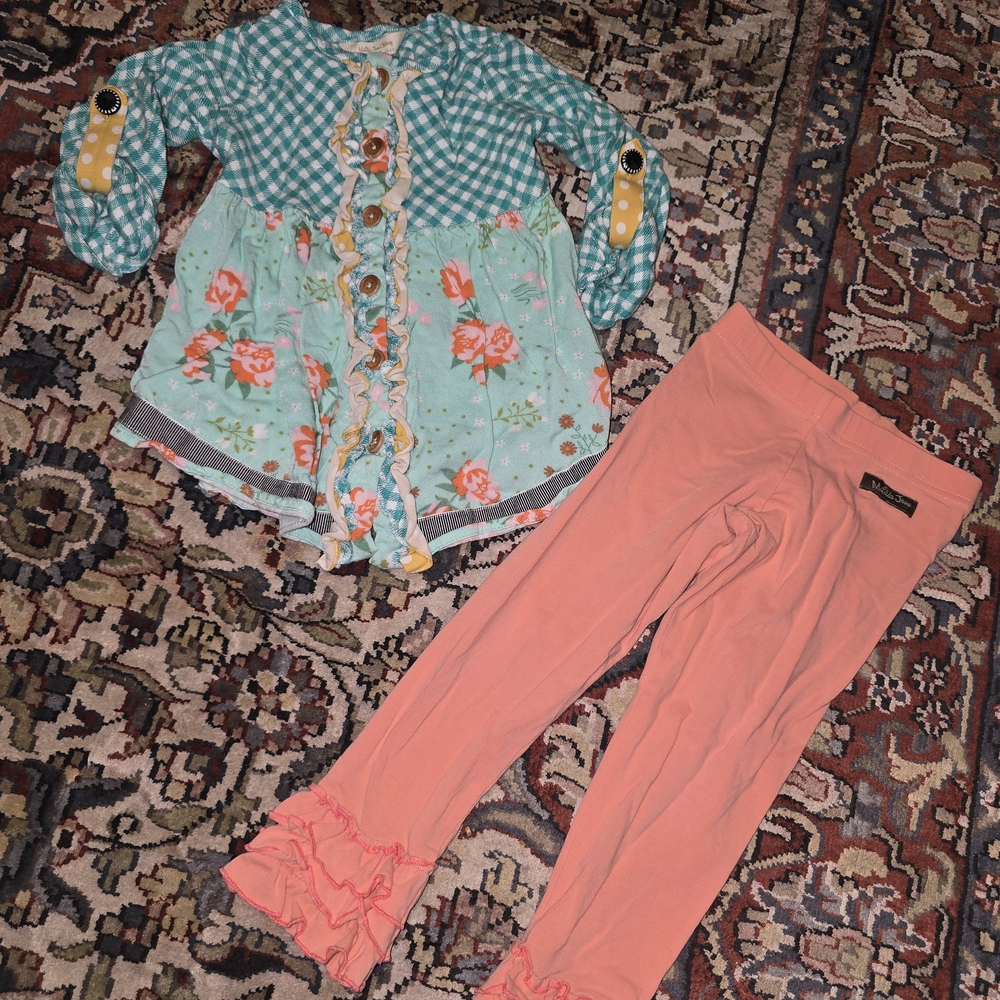 Matilda Jane Teal Checkered Floral Top and Peach Pants Set